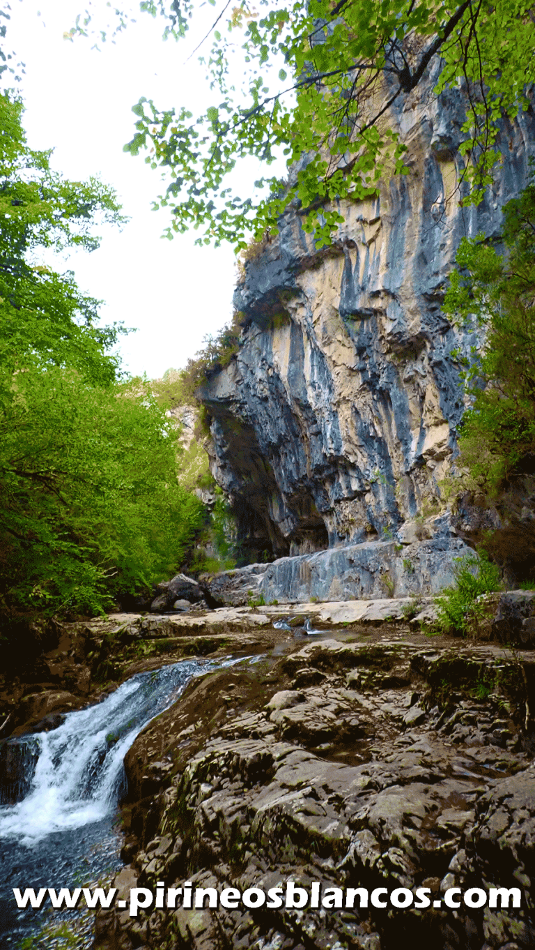 Impresionante entrada y paredes de roca caliza en una actividad de barranquismo en Broto, junto al Parque Nacional de Ordesa, con guías de Pirineos Blancos.